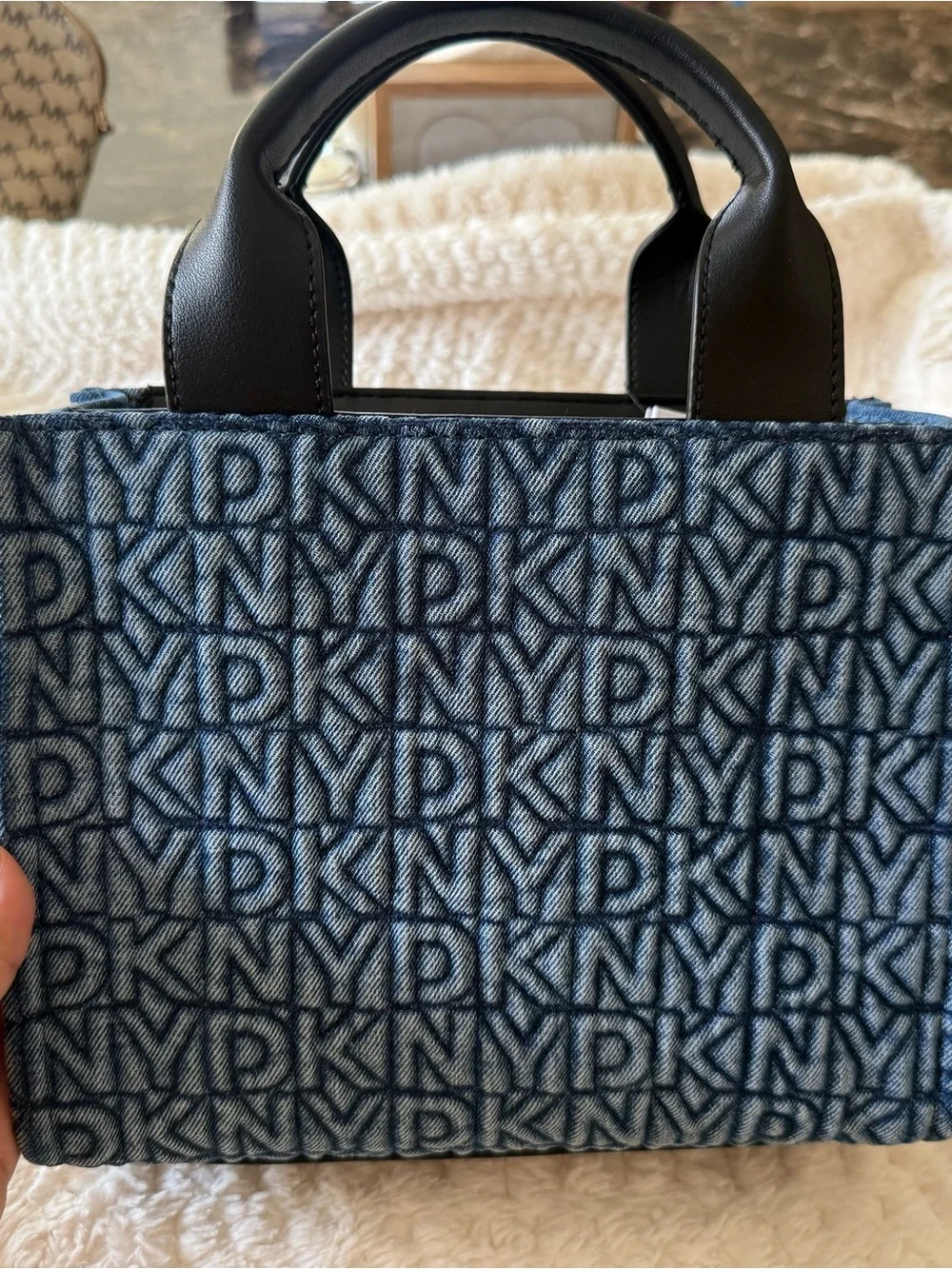 DKNY Denim Blue Logo Jacquard Tote with Black Leather Panel
